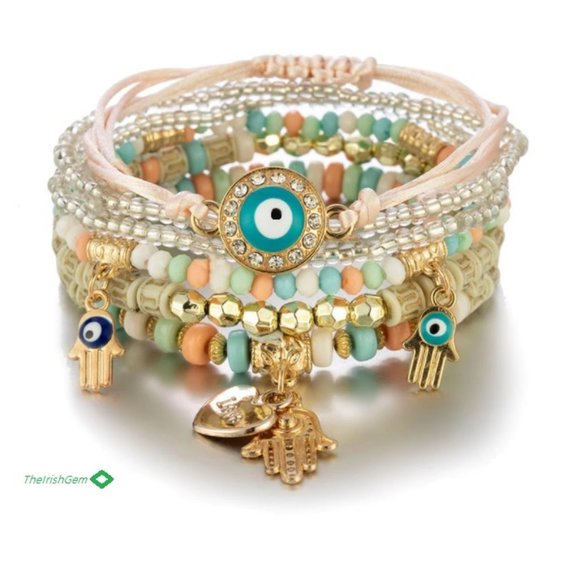 Multi Layered 7 pc. Hamsa  Evil Eye Bracelet Set - Picture 1 of 2